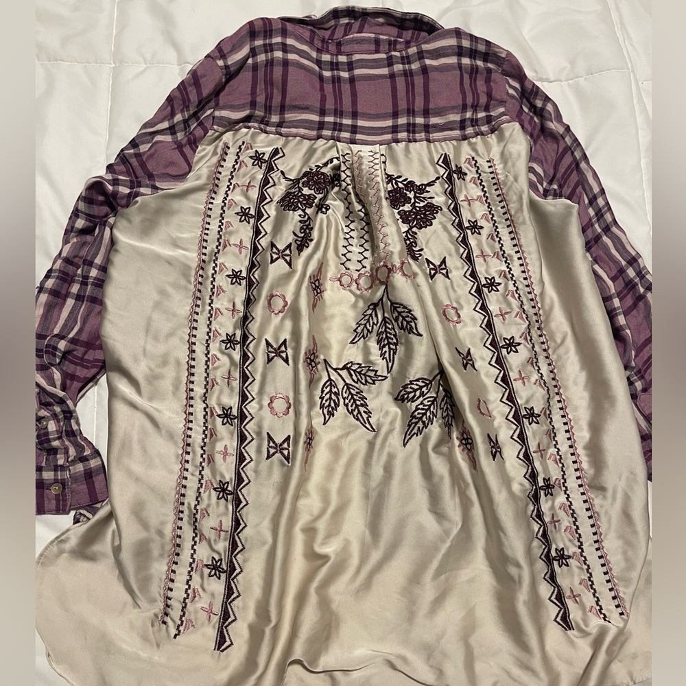 June and Delancey plaid front embroidered back top